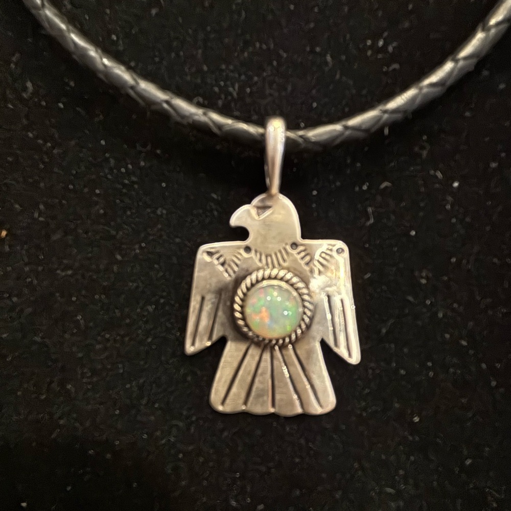 Sterling Silver Native American Eagle Pendant with Opal and black leather cord